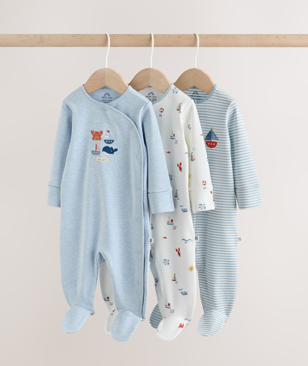 Blue Nautical Baby Sleepsuits 3 Pack