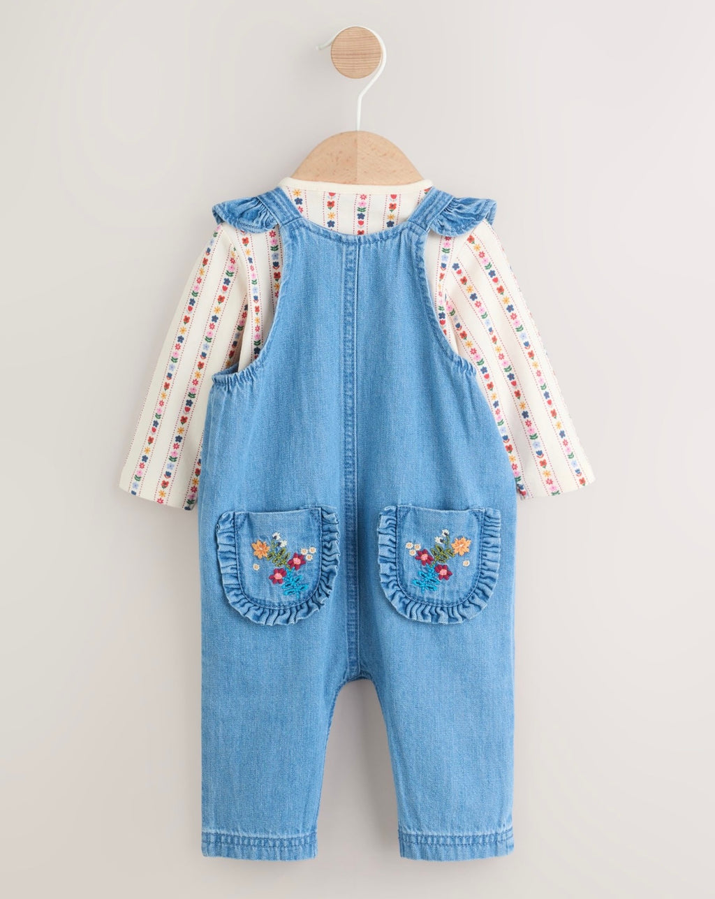 Embroidered Denim Dungarees and Long Sleeve Bodysuit Set 2 Piece