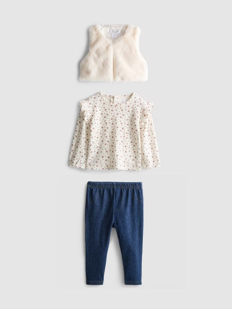 Long Sleeve T-Shirt, Jeggings and Faux Fur Gilet Set (immediate)