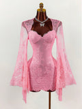 Romantic Pink Lace Sheer Low-Cut Flare Sleeve Mini Dress