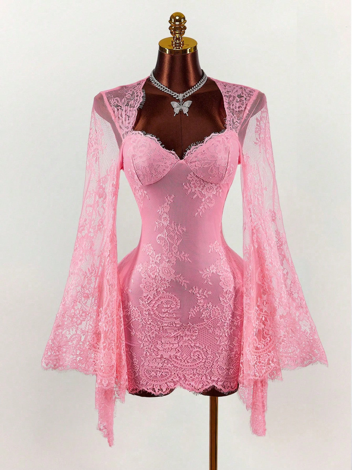 Romantic Pink Lace Sheer Low-Cut Flare Sleeve Mini Dress