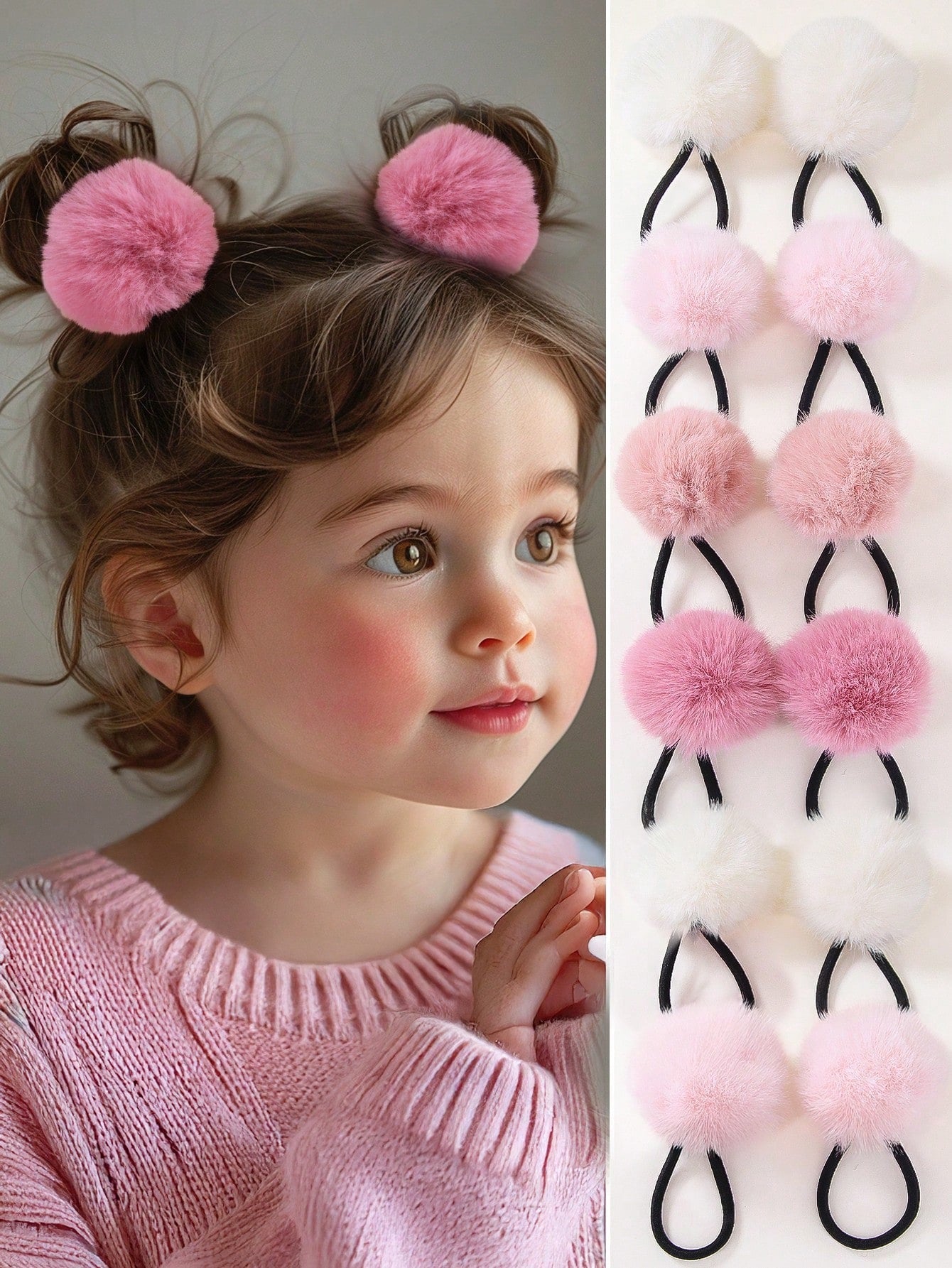 8pcs/Pack Girls Gradient Pink Fluffy Pompom Hair Ties