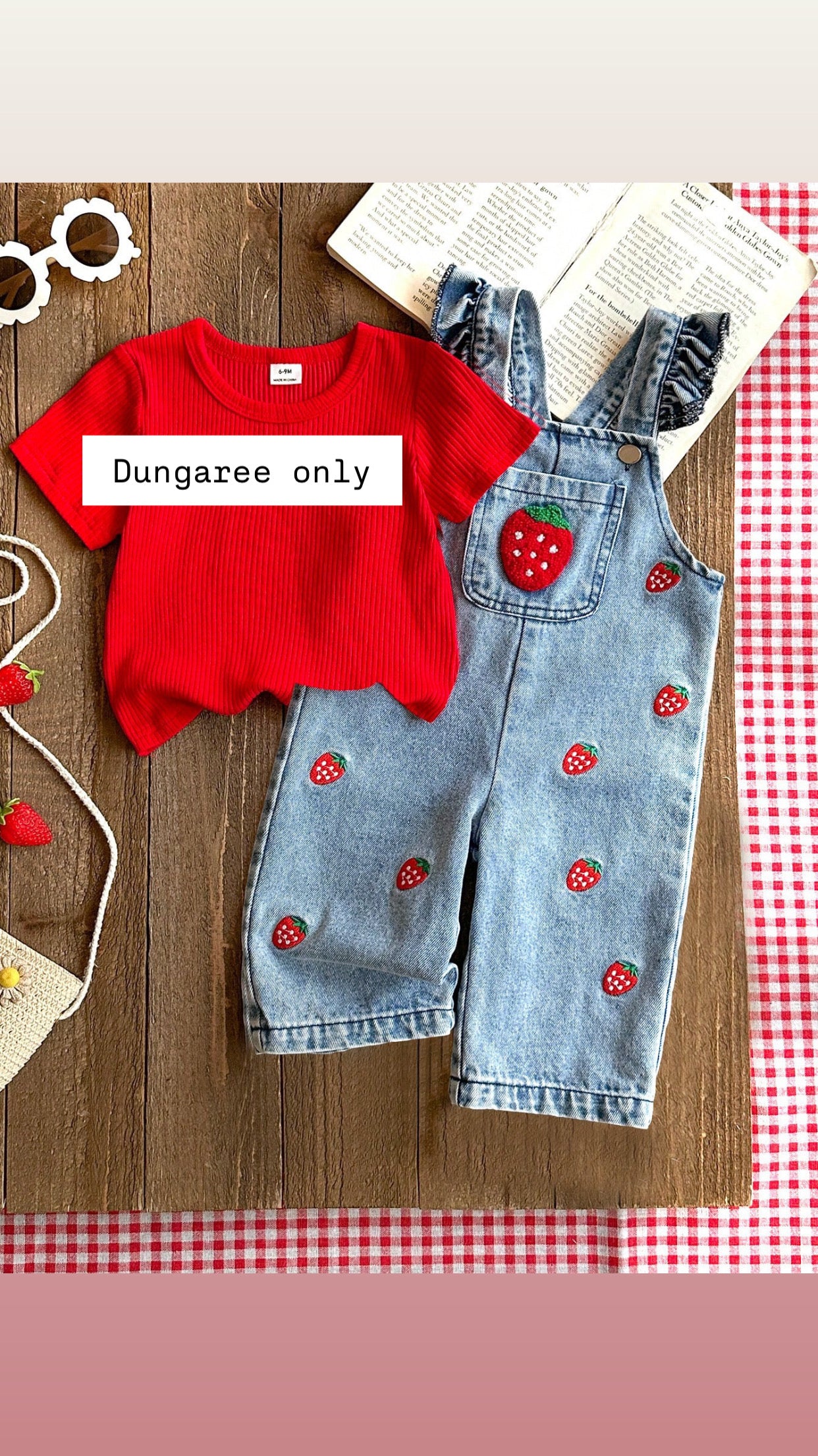 Vintaside Kids 1pc Baby Girl Strawberry Denim Dungaree