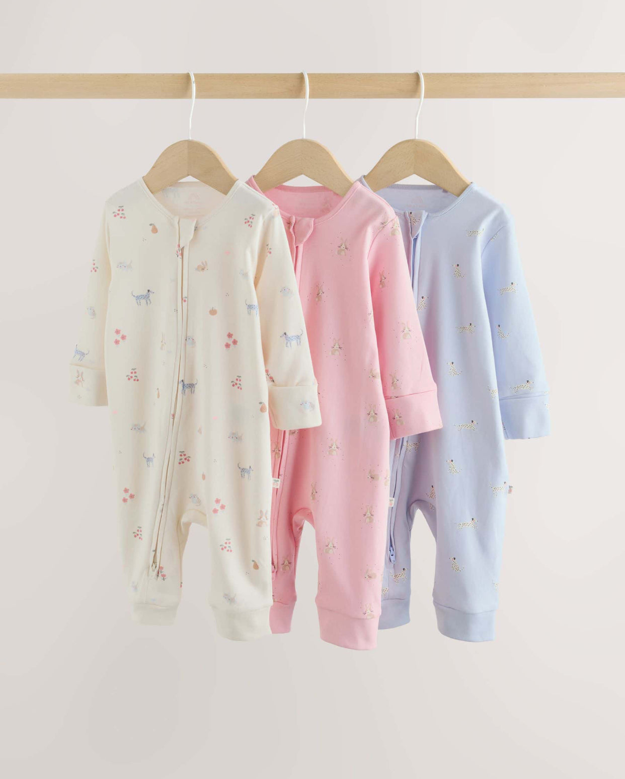 Multi Pastel Character 3 Pack Two Way Zip Baby Sleepsuit