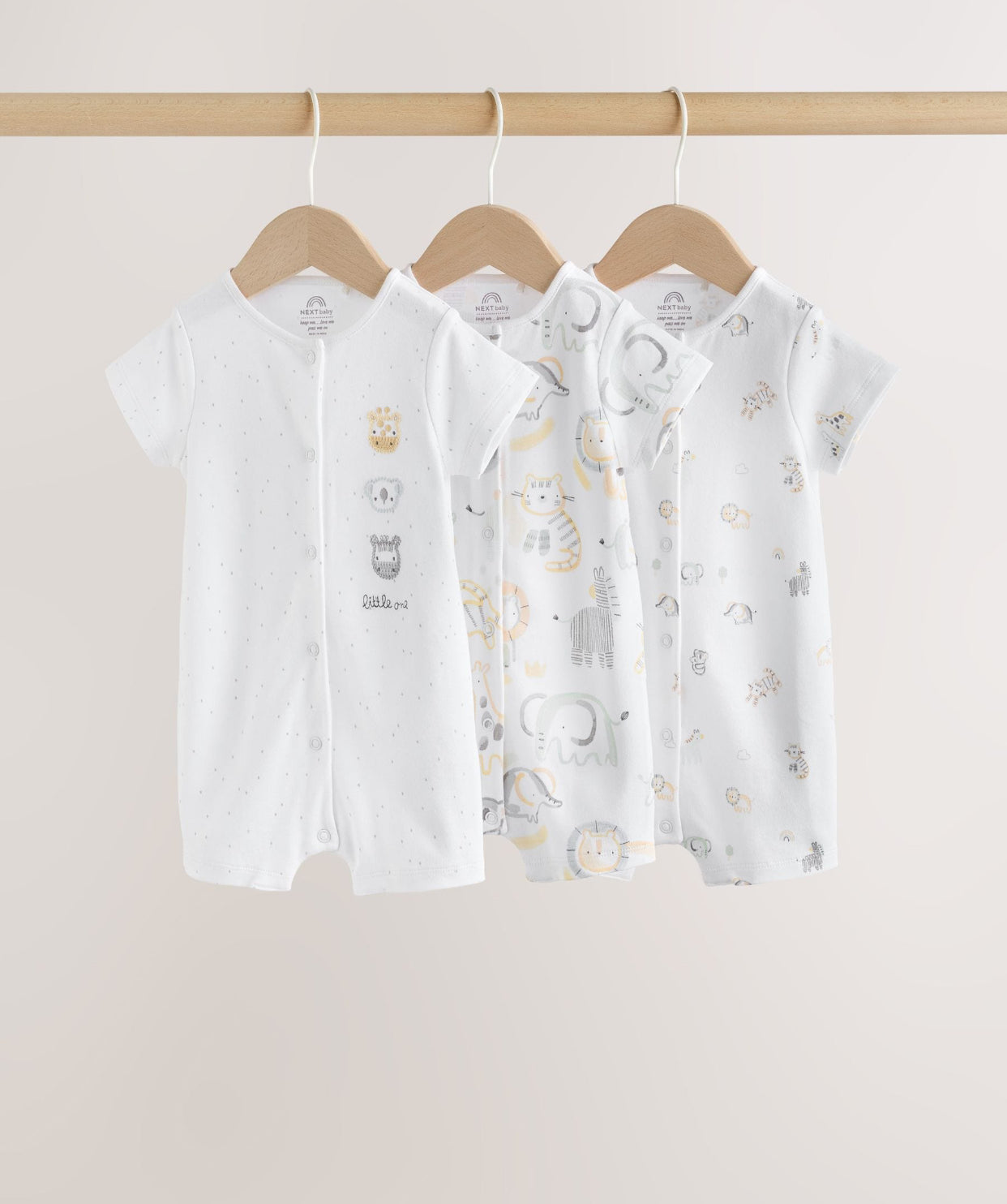 White Safari Animal Embroidered Jersey Baby Rompers 3 Pack