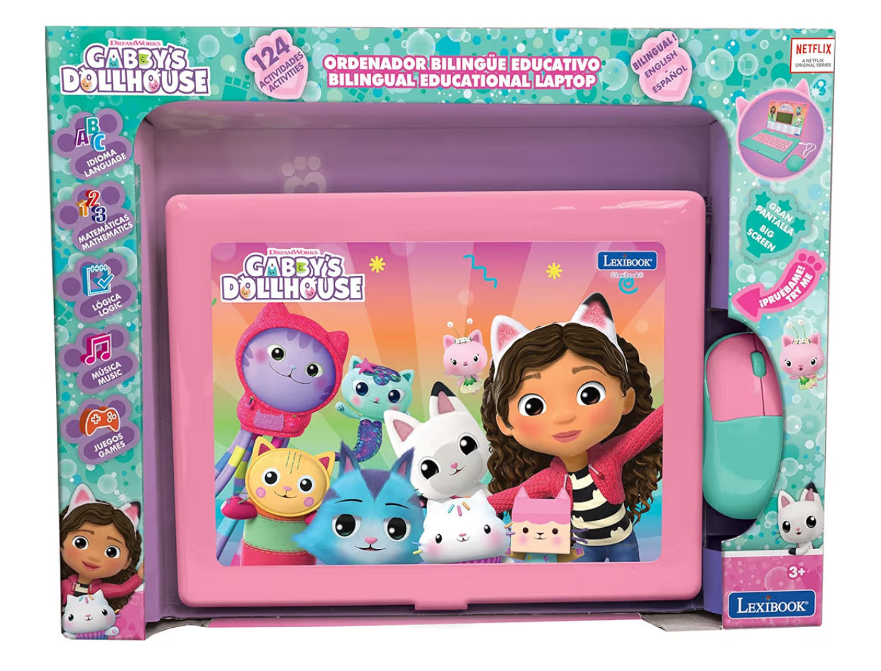 LEXIBOOK, Gabby's Dollhouse, Bilingual ENGLISH/SPANISH Educational computer, Toy for children with 124 language, writing, maths, logic, music activities and games
