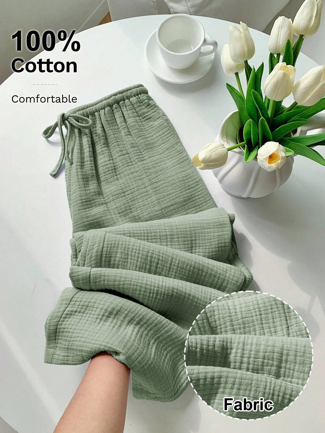[100% Cotton] Women's Printed Drawstring Wide Leg Loose Pants