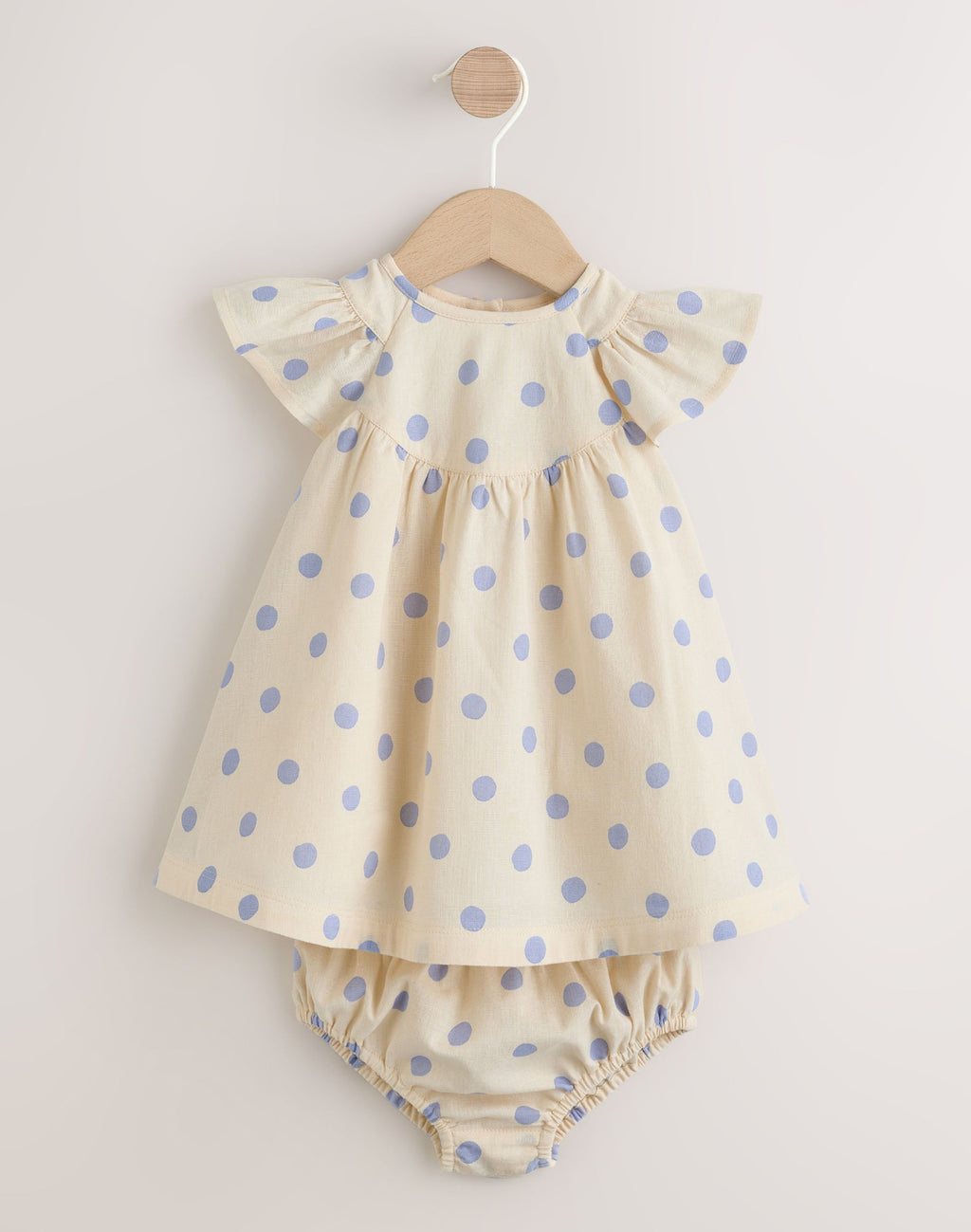 Blue/Ecru Spot Woven Baby Dress And Knickers Set 2 Piece