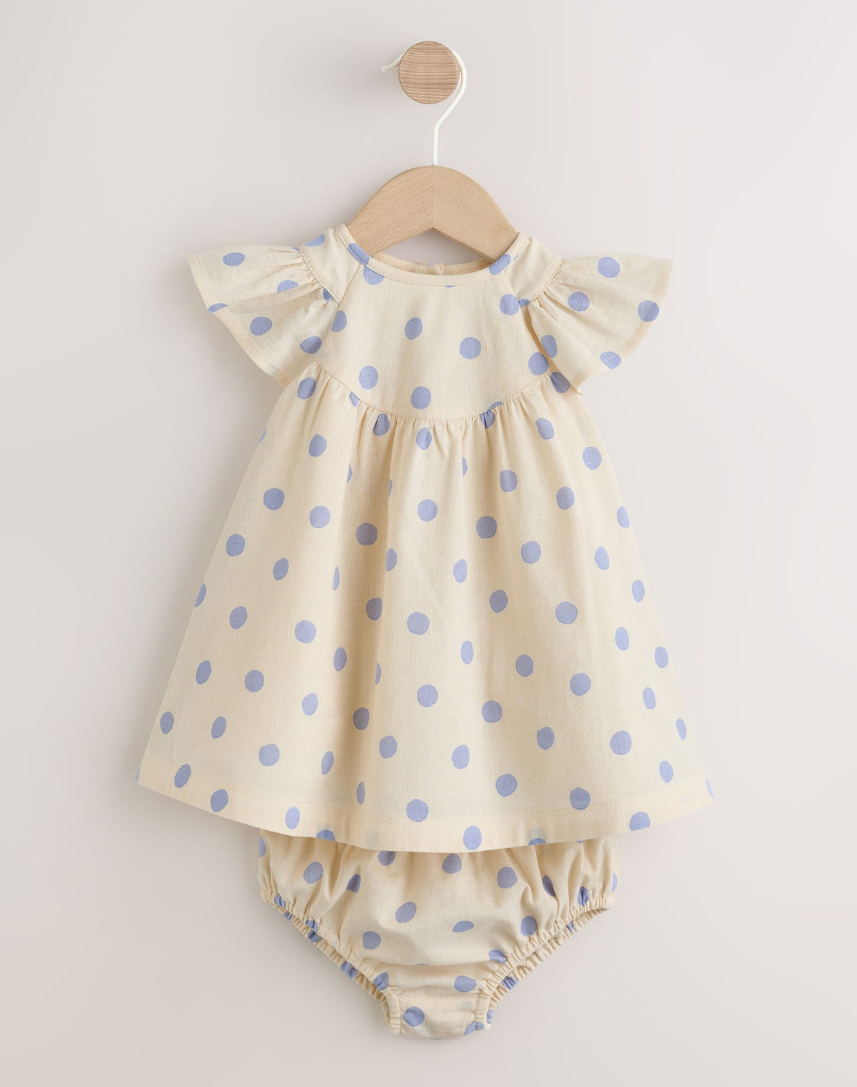 Blue/Ecru Spot Woven Baby Dress And Knickers Set 2 Piece