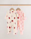 Pink/Cream Ladybird Micro Fleece Two Way Zip Baby Sleepsuits 2 Pack