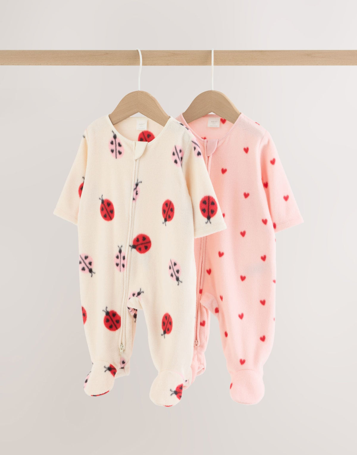 Pink/Cream Ladybird Micro Fleece Two Way Zip Baby Sleepsuits 2 Pack