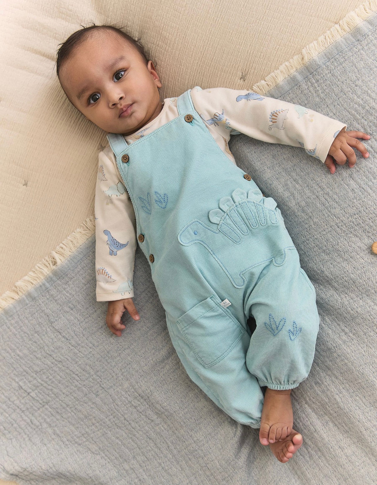 Blue Dino Cord Dungarees and Bodysuit Baby Set