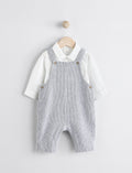 Grey/White Woven Cotton Baby Dungaree and Bodysuit Set