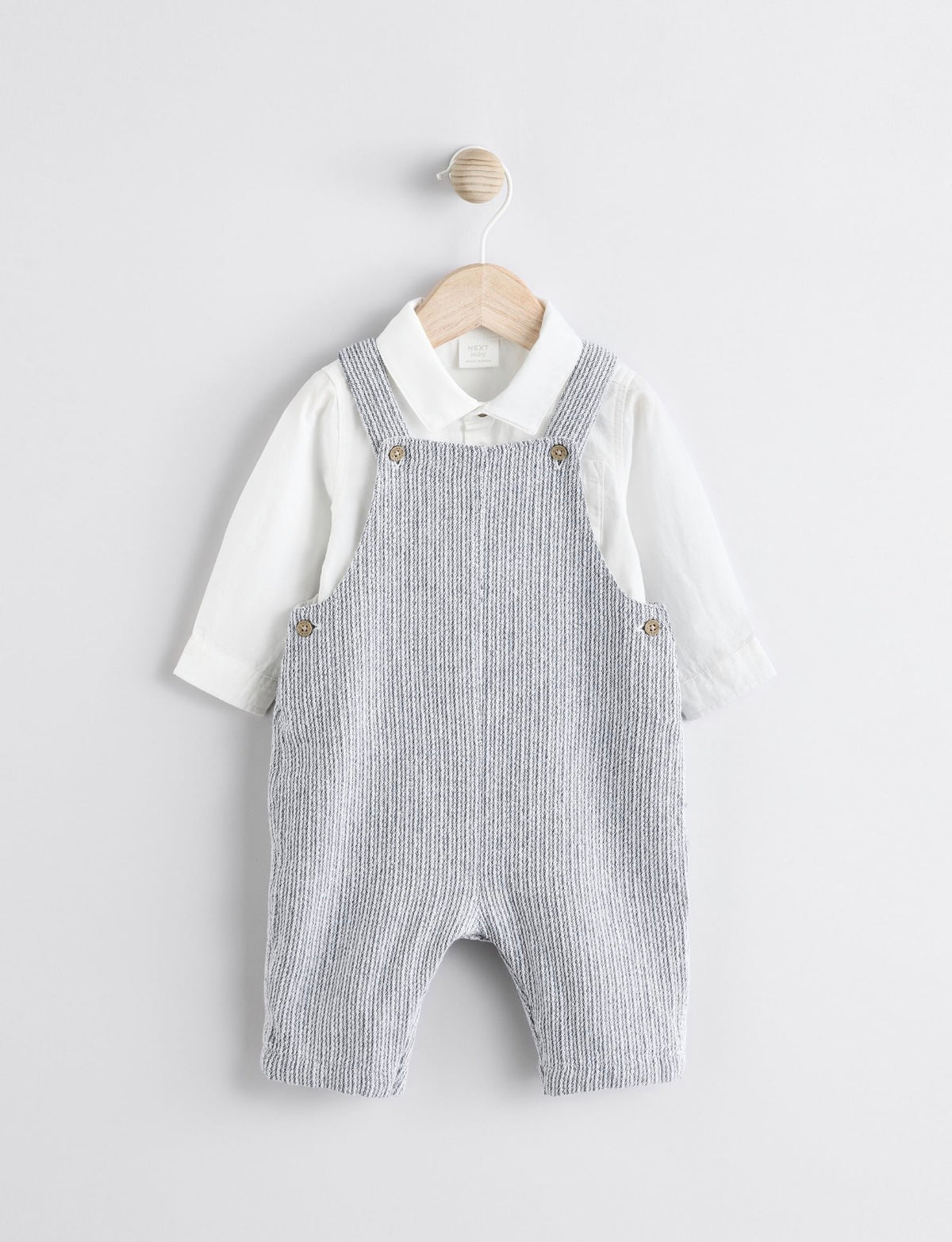 Grey/White Woven Cotton Baby Dungaree and Bodysuit Set