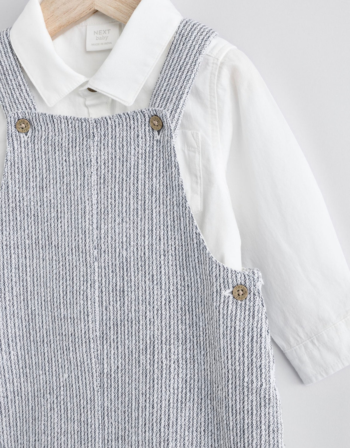 Grey/White Woven Cotton Baby Dungaree and Bodysuit Set
