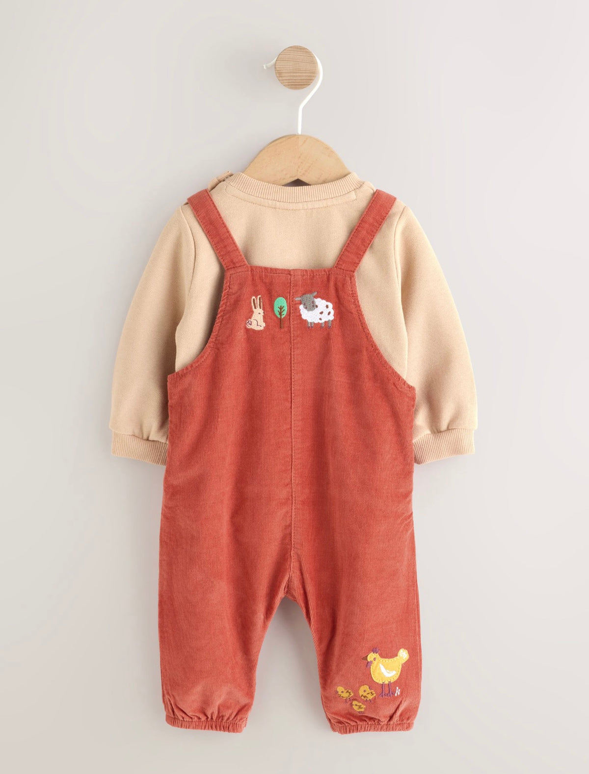Rust Brown Farmyard Cord Dungarees and Bodysuit Baby Set
