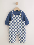 Navy Blue Checkerboard Baby Twill Dungarees and Bodysuit Set