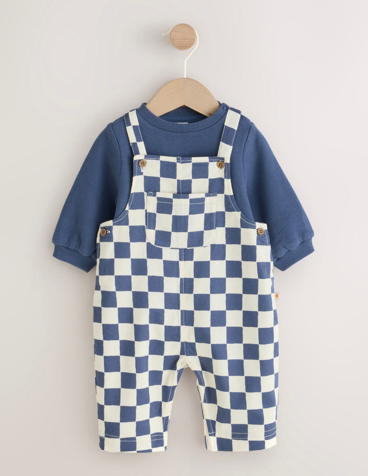 Navy Blue Checkerboard Baby Twill Dungarees and Bodysuit Set