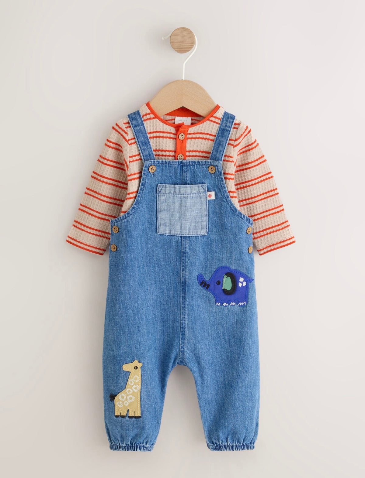 Blue Character Denim Dungaree and Textured Bodysuit Baby Set