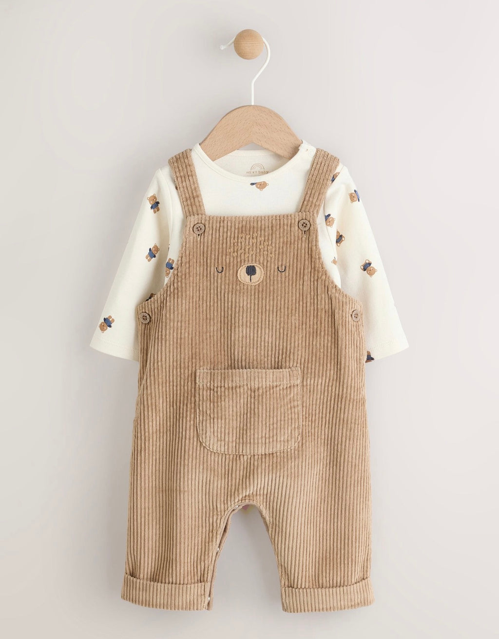 Tan Brown Bear Cord Dungarees and Bodysuit Baby Set