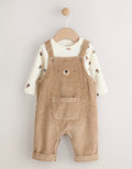 Tan Brown Bear Cord Dungarees and Bodysuit Baby Set