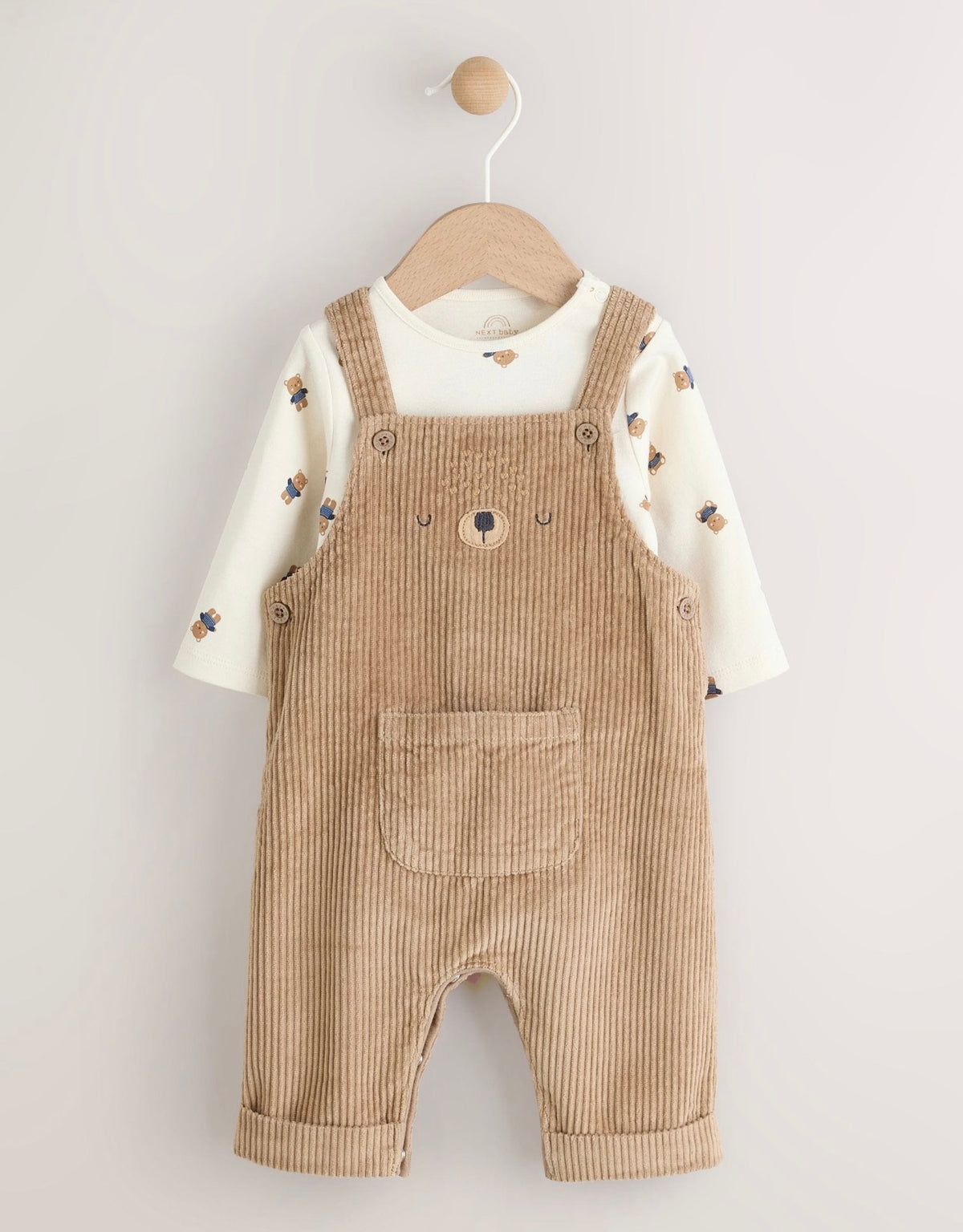 Tan Brown Bear Cord Dungarees and Bodysuit Baby Set