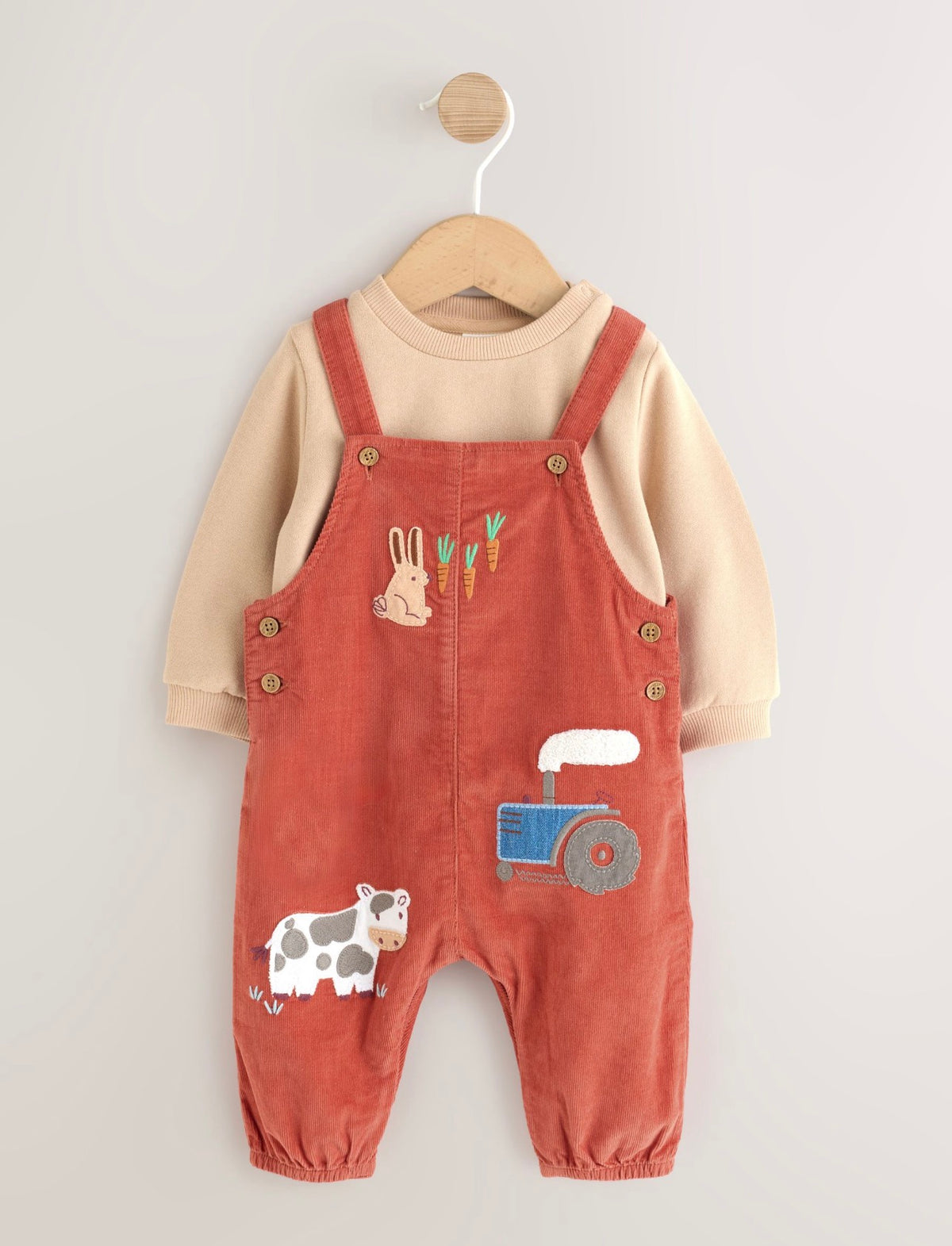 Rust Brown Farmyard Cord Dungarees and Bodysuit Baby Set