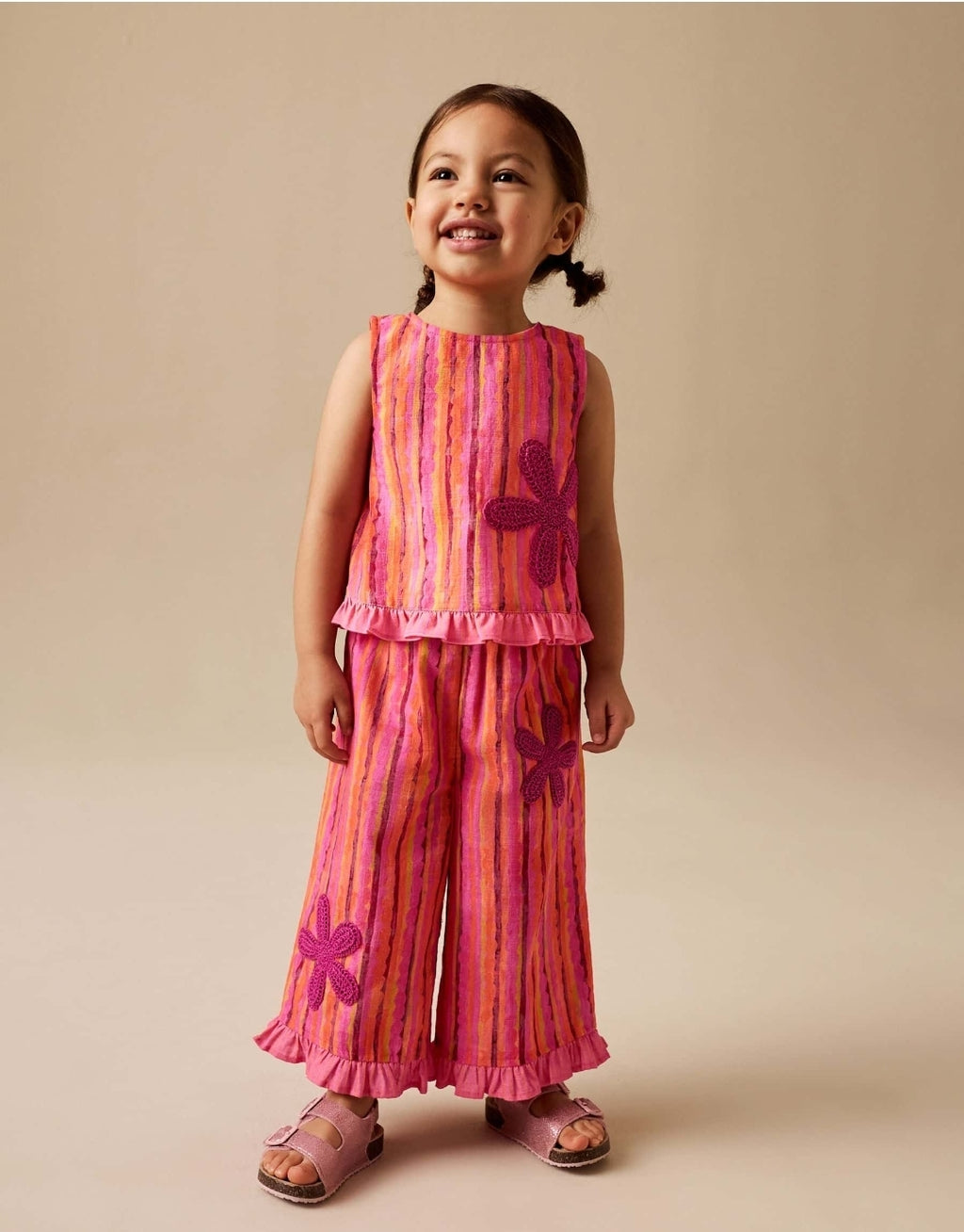 Pink/Orange Stripe / Crochet
Flowers Top & Trousers Set