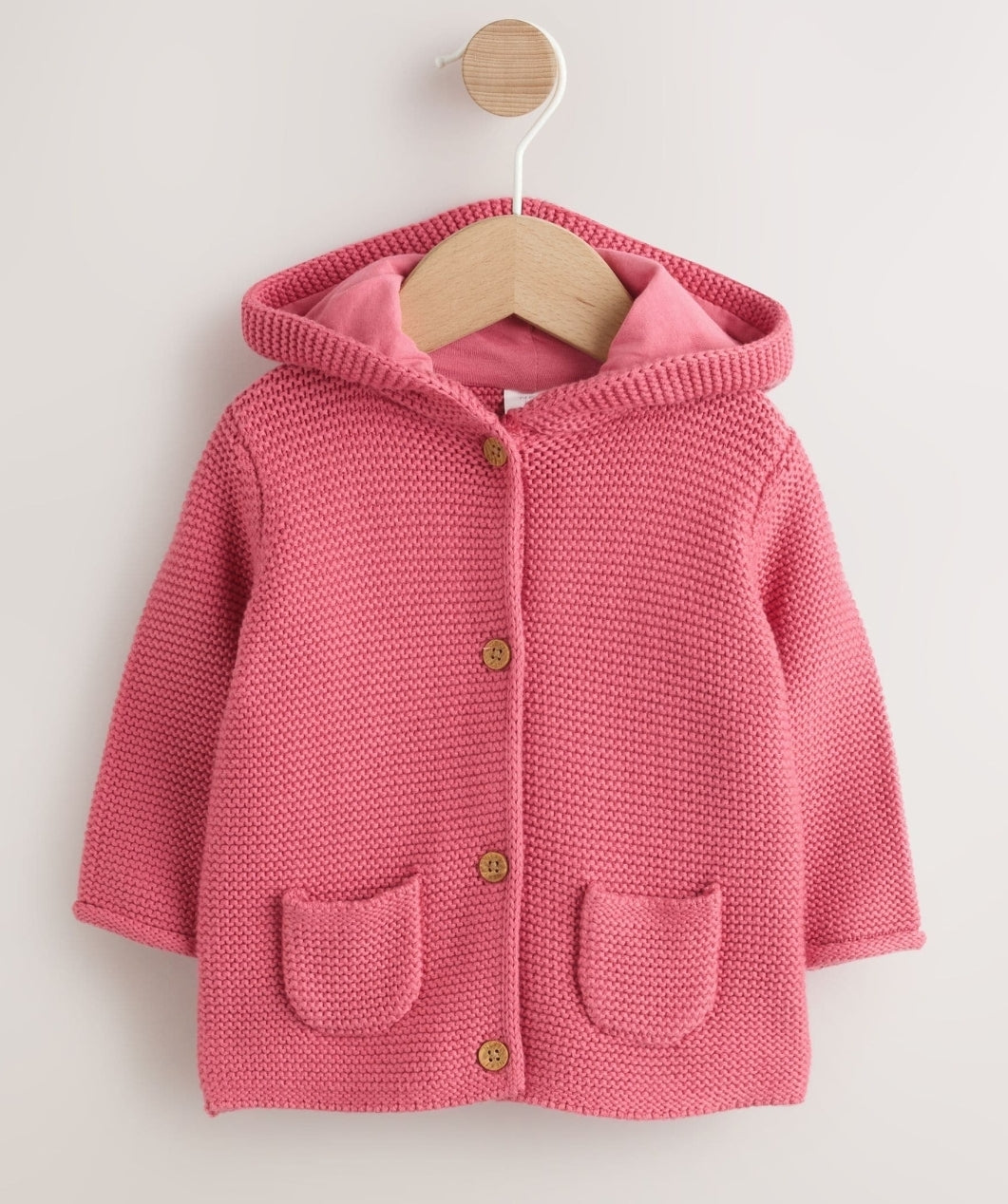 Raspberry Pink Hooded Knitted Baby Cardigan