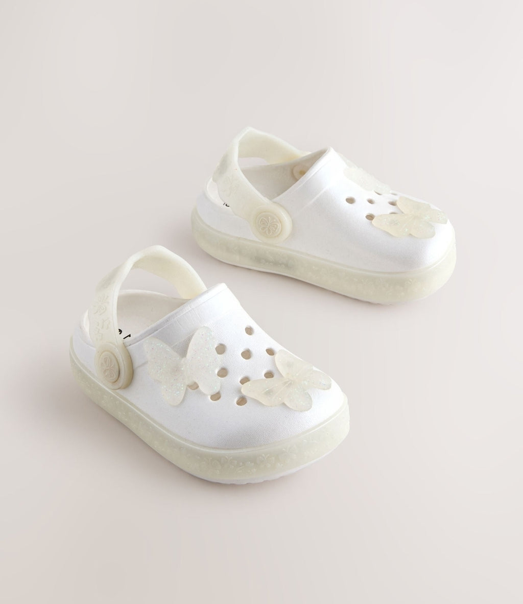 White Shimmer Butterfly Light Up
Clogs