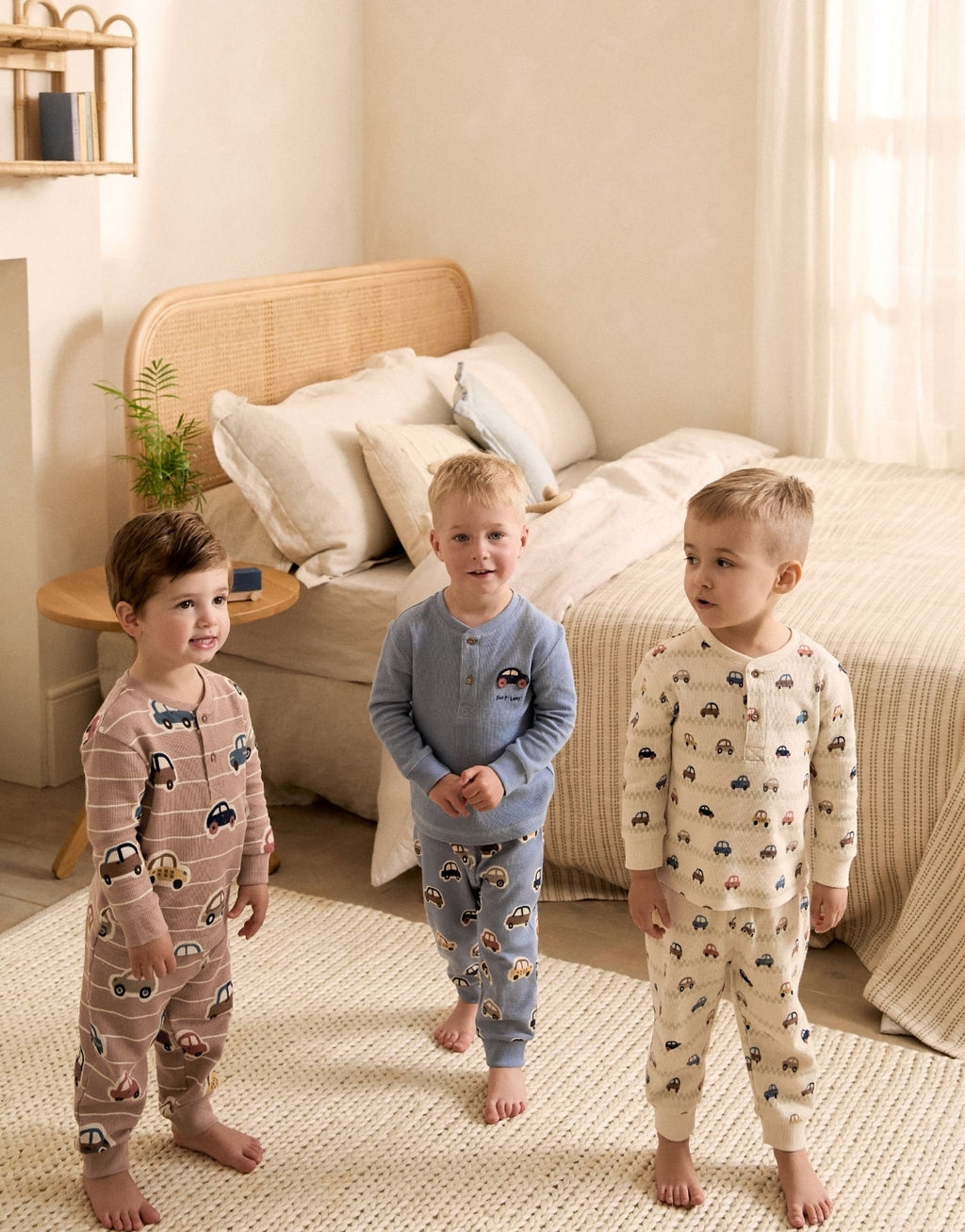 Ecru/Blue Relaxed Button NeckPyjamas Set 3 Pack