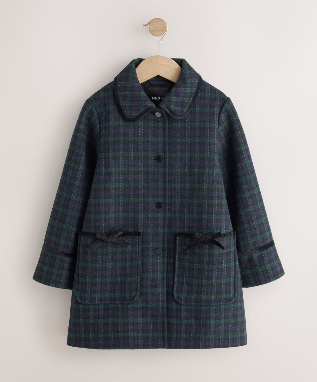 Navy Check Wool Blend Coat with Bow Details