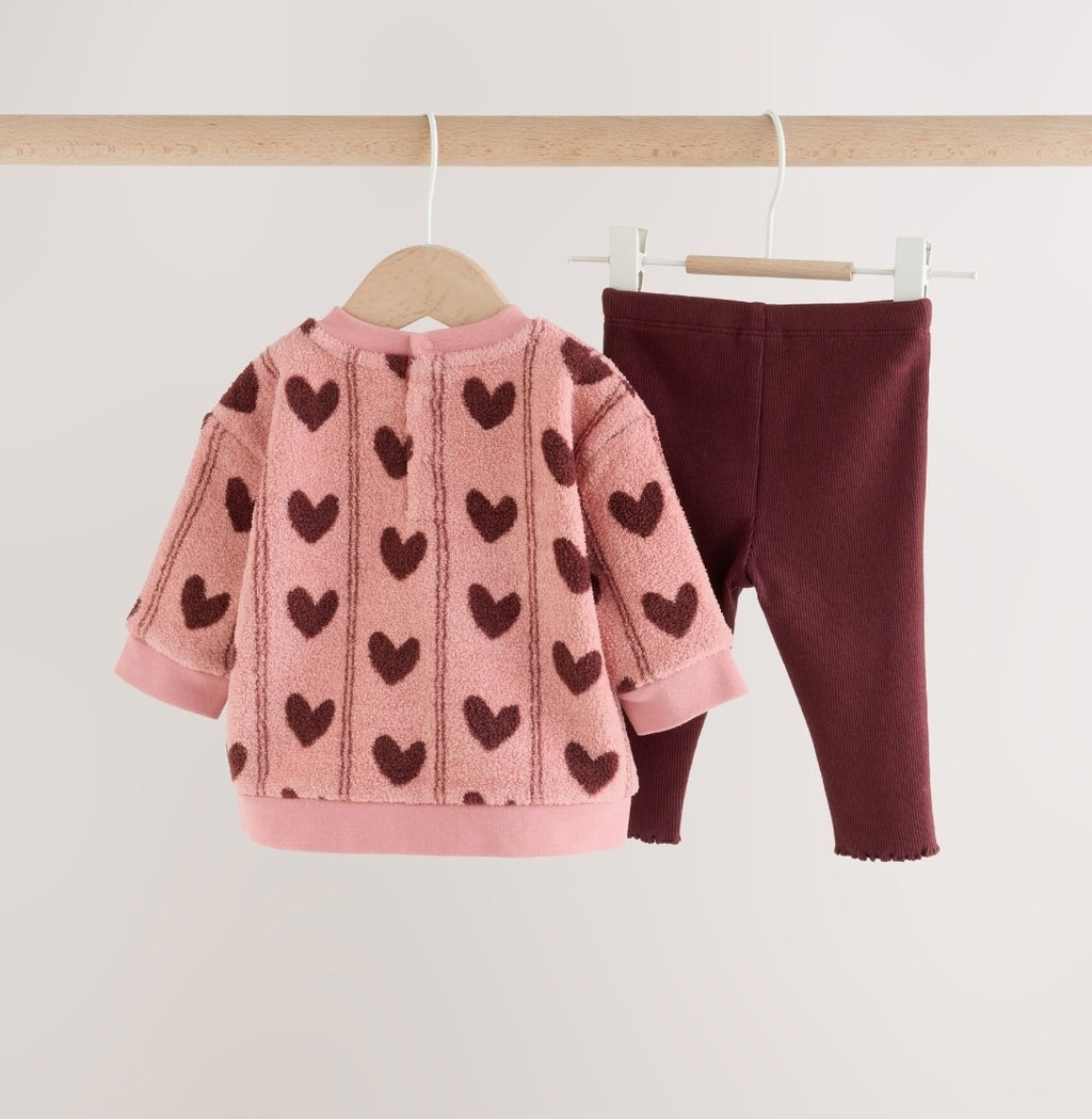 Pink Heart Baby Fleece Sweater and Leggings Set 2 Piece