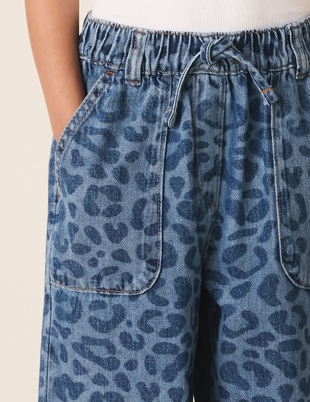 Leopard Print Denim Pull On Wide Leg Trousers