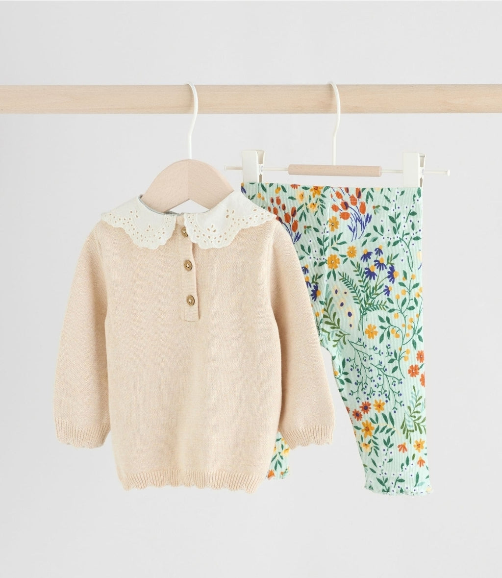 Neutral Duck/ Sage Ditsy Baby Knitted Jumper and Leggings 2