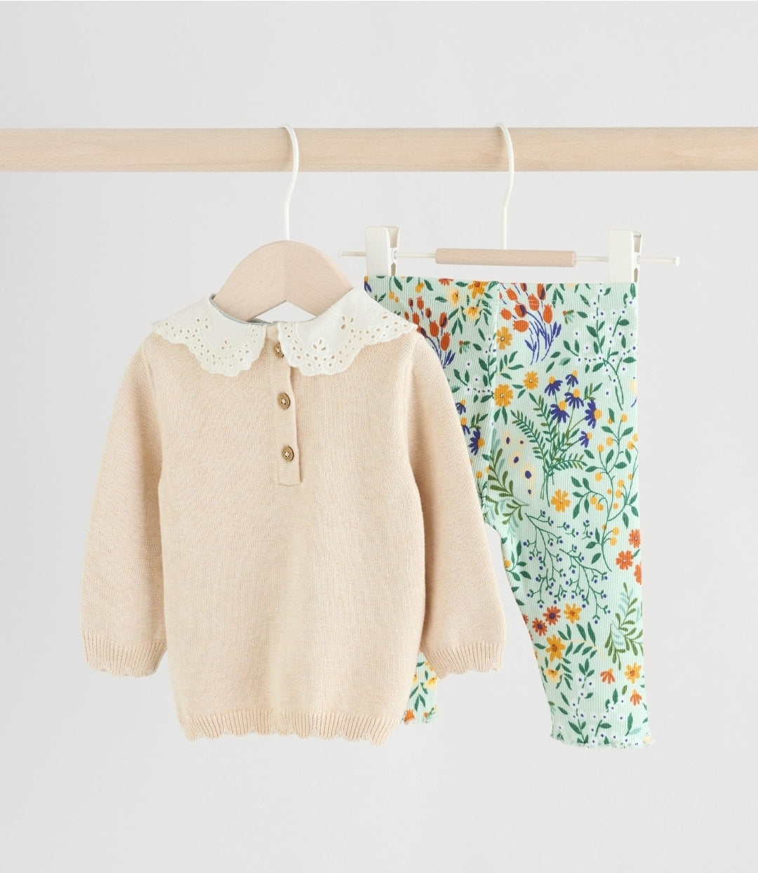 Neutral Duck/ Sage Ditsy Baby Knitted Jumper and Leggings 2