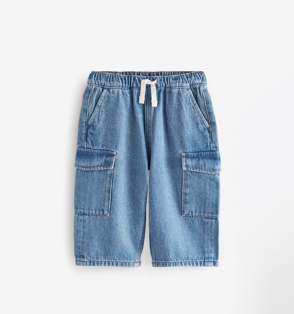 Mid Blue Denim Wide Leg Pull On Cargo 100% Cotton Jeans