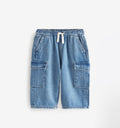 Mid Blue Denim Wide Leg Pull On Cargo 100% Cotton Jeans