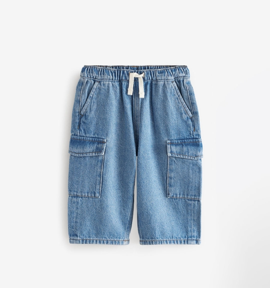 Mid Blue Denim Wide Leg Pull On Cargo 100% Cotton Jeans