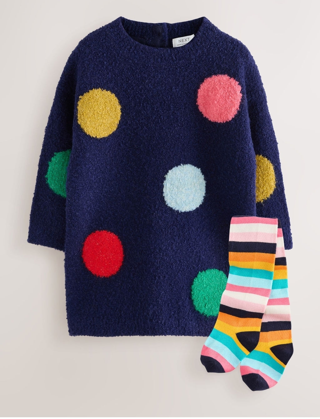 Navy Rainbow Spot Knitted
Jumper Dress And Tights Set