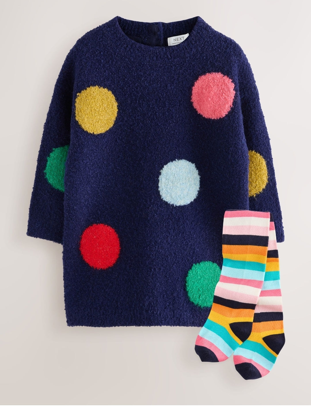 Navy Rainbow Spot Knitted
Jumper Dress And Tights Set
