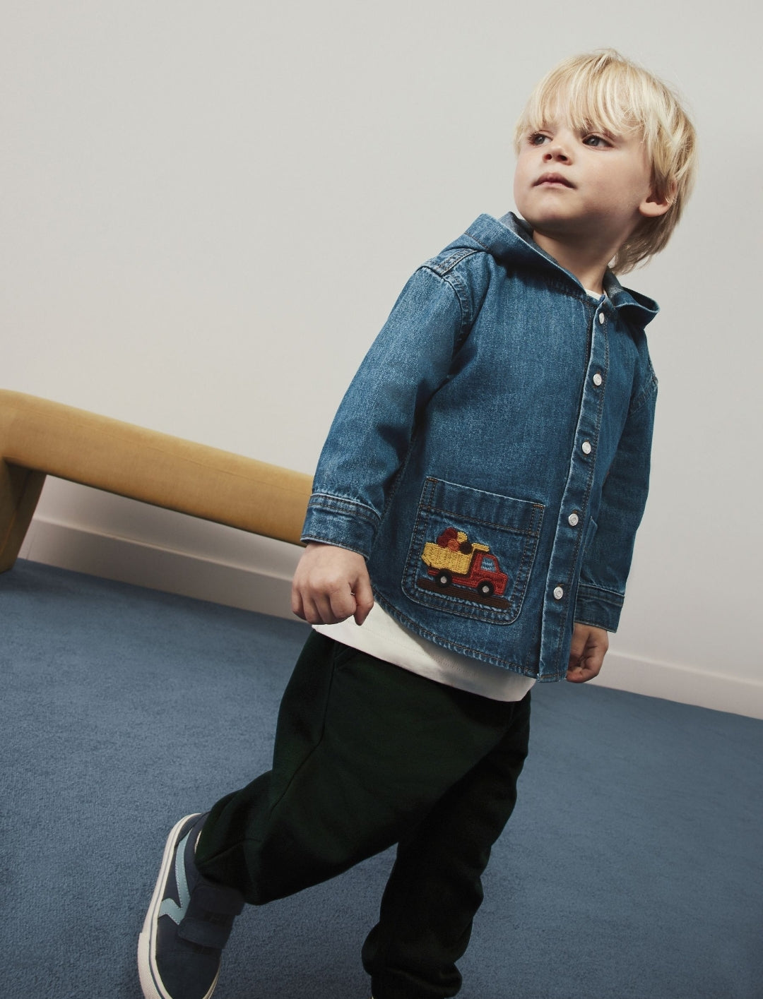 Denim Embroidery Transport Long Sleeve Hooded Overshirt