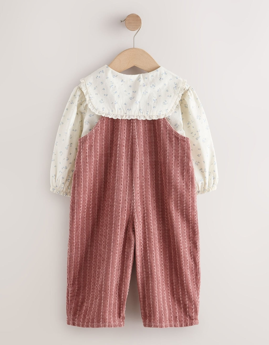 Pink Corduroy/ Ecru Ditsy Blouse & Dungarees Set 2 Piecs