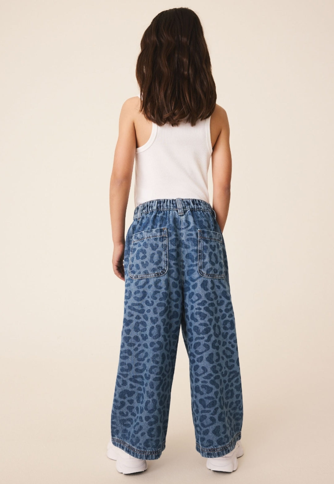 Leopard Print Denim Pull On Wide Leg Trousers