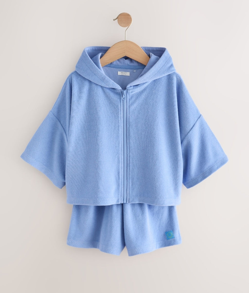 Blue Towelling Zip Hoodie And Shorts Set