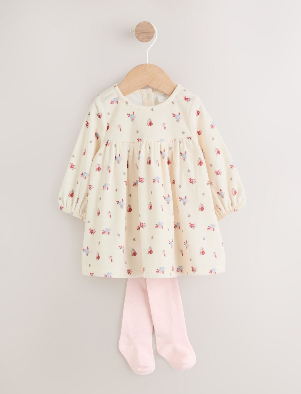 Cream Ditsy Baby Long Sleeve Velour Dress and Tights Set 2 Piec