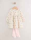 Cream Ditsy Baby Long Sleeve Velour Dress and Tights Set 2 Piec