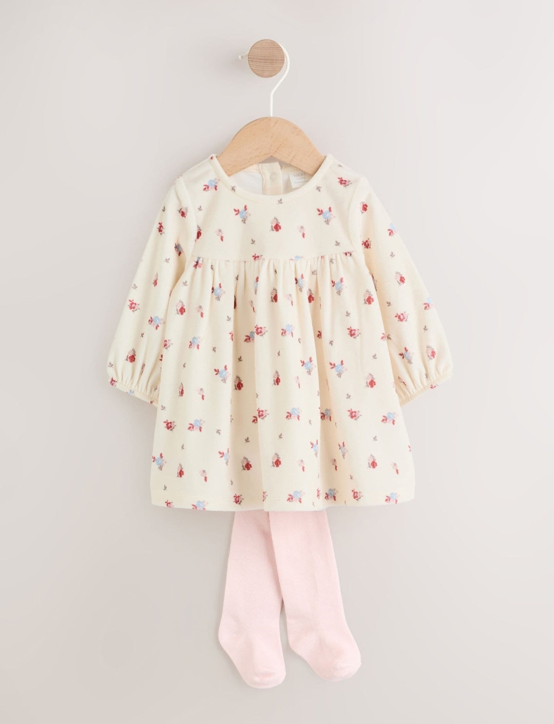 Cream Ditsy Baby Long Sleeve Velour Dress and Tights Set 2 Piec