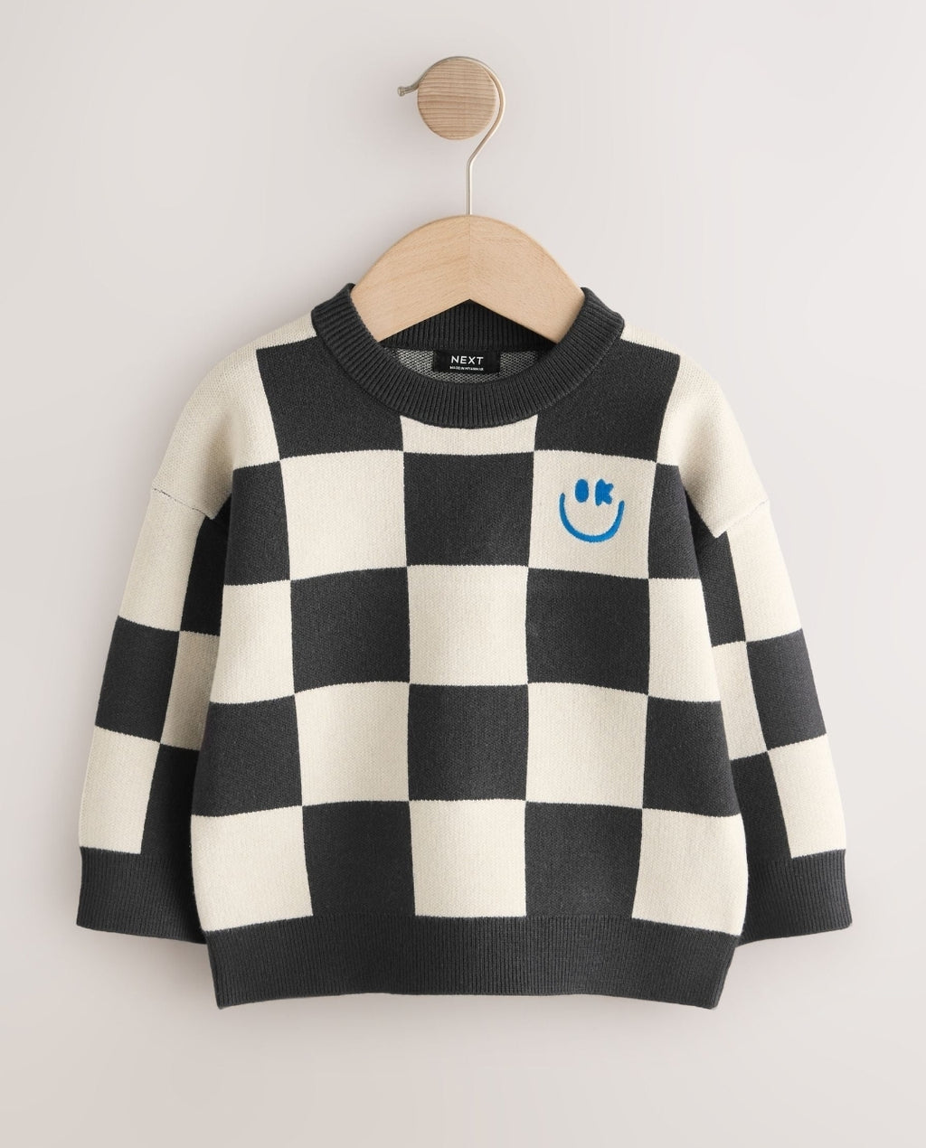 Monochrome Checkerboard Knitted 
Crew Neck Jumper