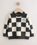 Monochrome Checkerboard Knitted 
Crew Neck Jumper